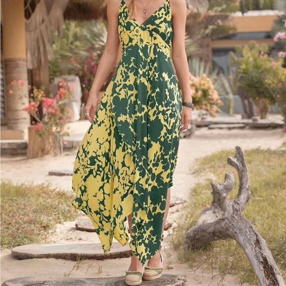 Sundance Asymmetrical Dress Size P Small Soliloquies Citron Yellow Green Floral - Picture 1 of 5